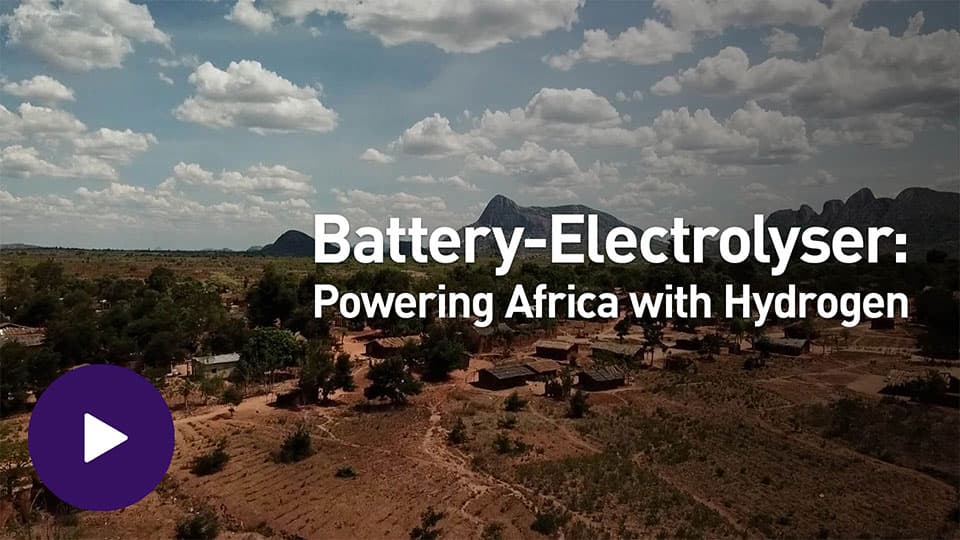 A thumbnail image of the battery electrolyser video with text over the top of an African landscape